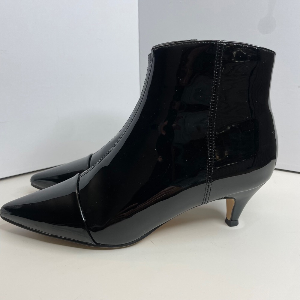 FSJ Black Patent Pointed Cap Toe Kitten Heel Ankle‎ Boots Womens 8 Side Zip